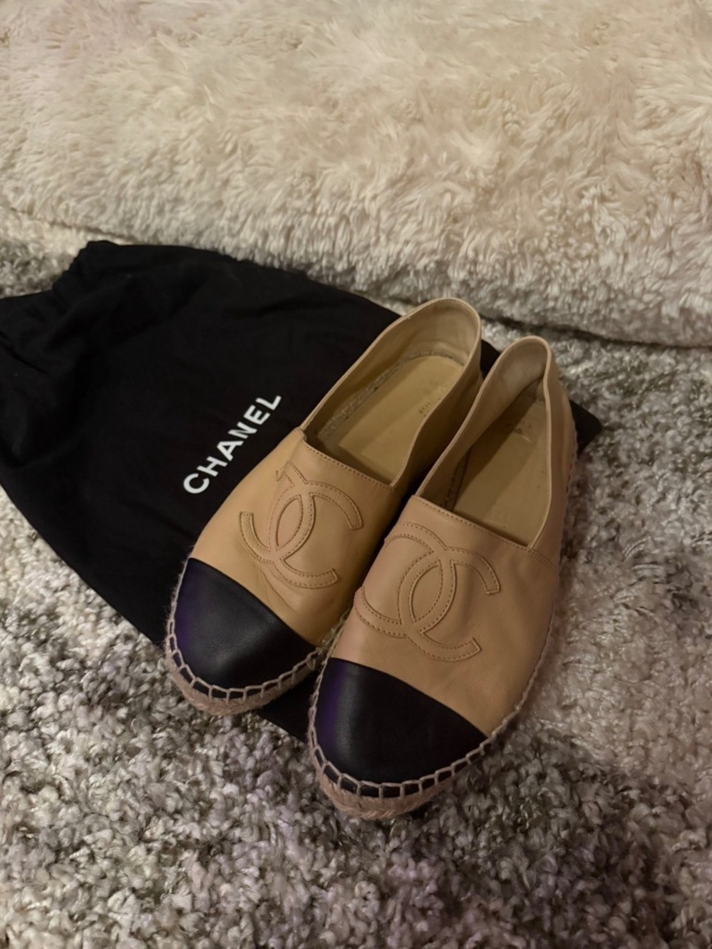 Chanel Espadrilles Beige & Black Chanel Flats Shoes Size 6